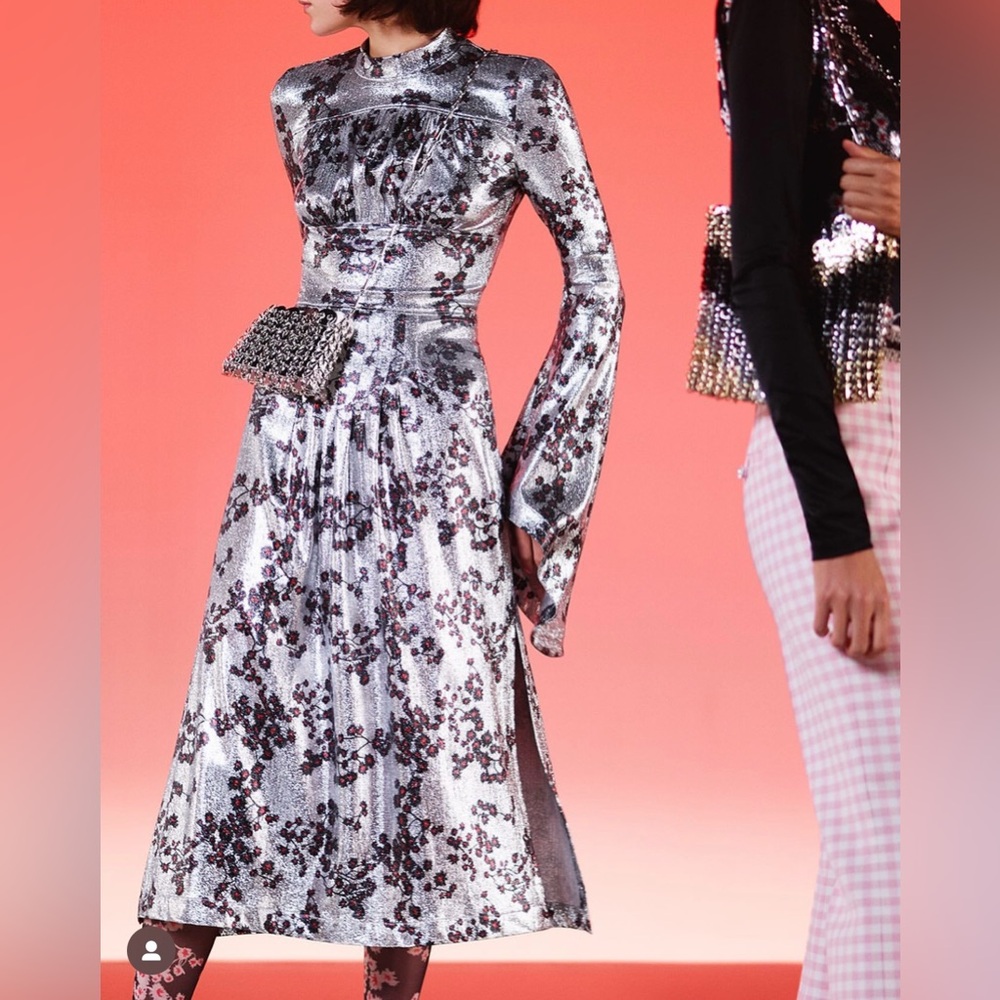 Paco Rabanne Silver Metallic Floral Long-Sleeve Maxi Dress